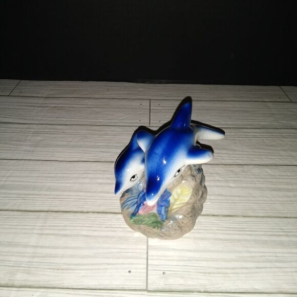 Vintage Ceramic Dolphins Figurine Blue Iridescent Luster Nautical Decor 4½in - Picture 1 of 9
